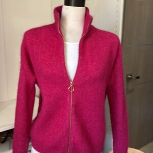 Sezane Bright Fuchsia Zip-Front Wool Blend Cardigan
